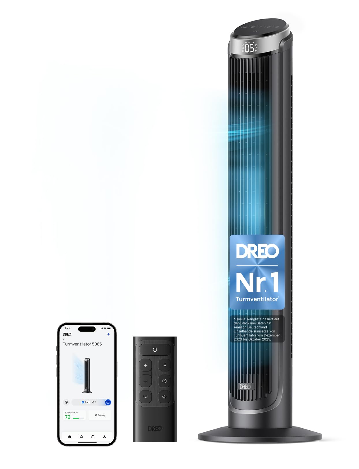 DREO Smart Tower Fan  7.9 m/s Speed, 5 Levels, 4 Modes, Touch/Remote Control/App & Voice Control, Alexa, 12H Timer, Silver - DR-HTF008S