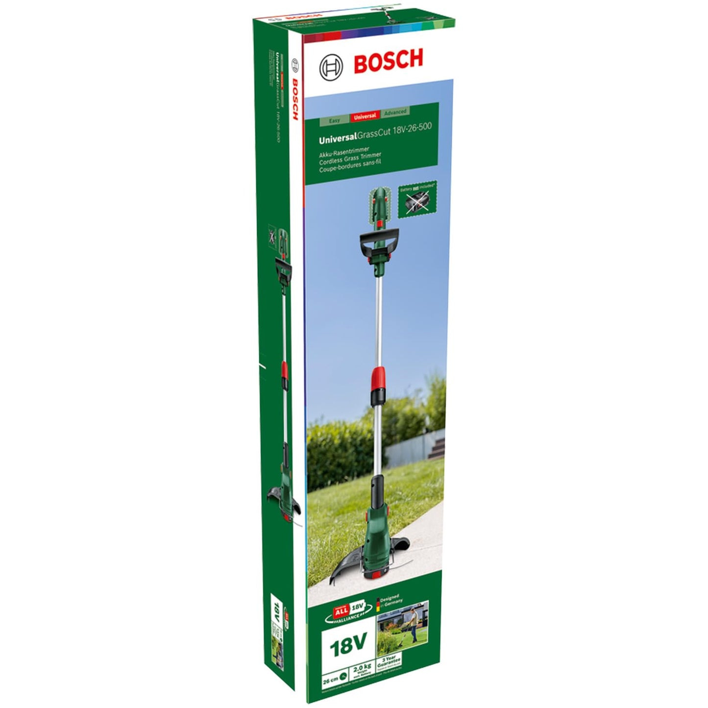 Bosch cordless grass trimmer UniversalGrassCut 18V-26-500 (for grass trimming and edge cutting; charging time: 65 min; cutting circle diameter: 26 cm; 18-volt system; without battery or charger) - 06008C1F01