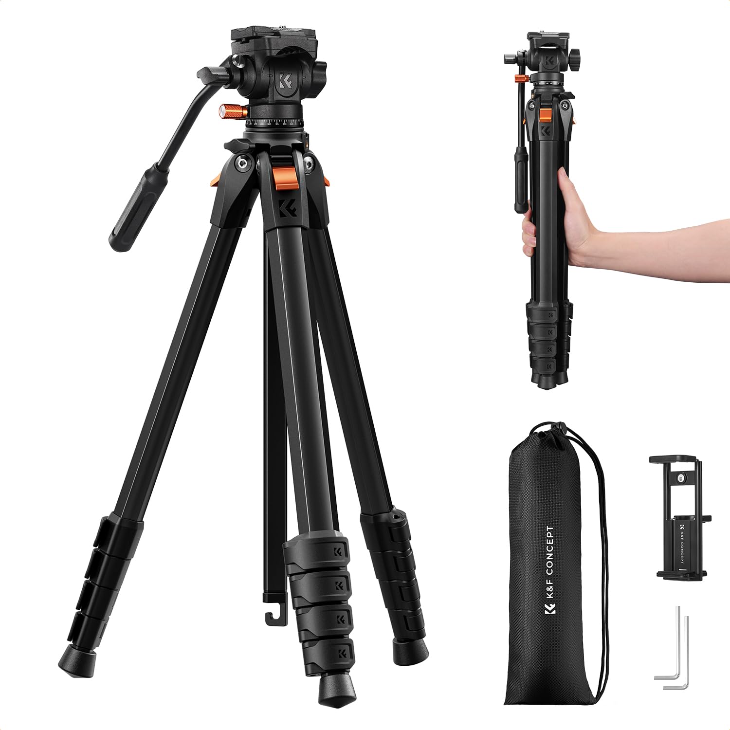 K&F CONCEPT tripod camera with fluid head, gentle pan/tilt for DSLR, mirrorless cameras and camcorders, 230cm aluminum tripod with 90 degree center column, for live streaming, vlogging and spotting scopes - KF09.172