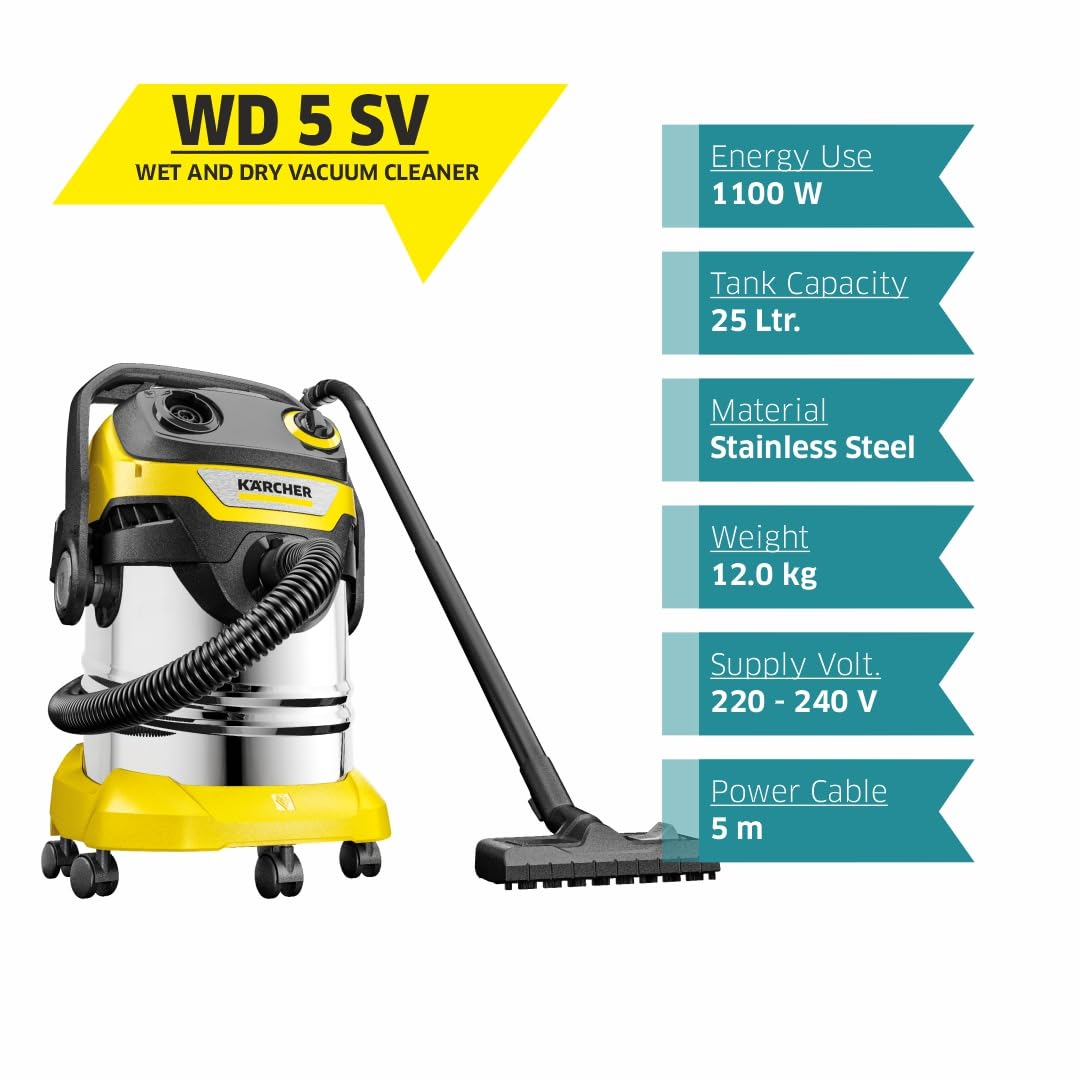 KÄRCHER WD 5 S V-25/5/22 Wet and Dry Vacuum Cleaner, flat filter, removable filter cassette, automatic filter cleaning, filter bag, 1100W, 25l stainless steel container, 2.2 m hose. - 1.628-350.0