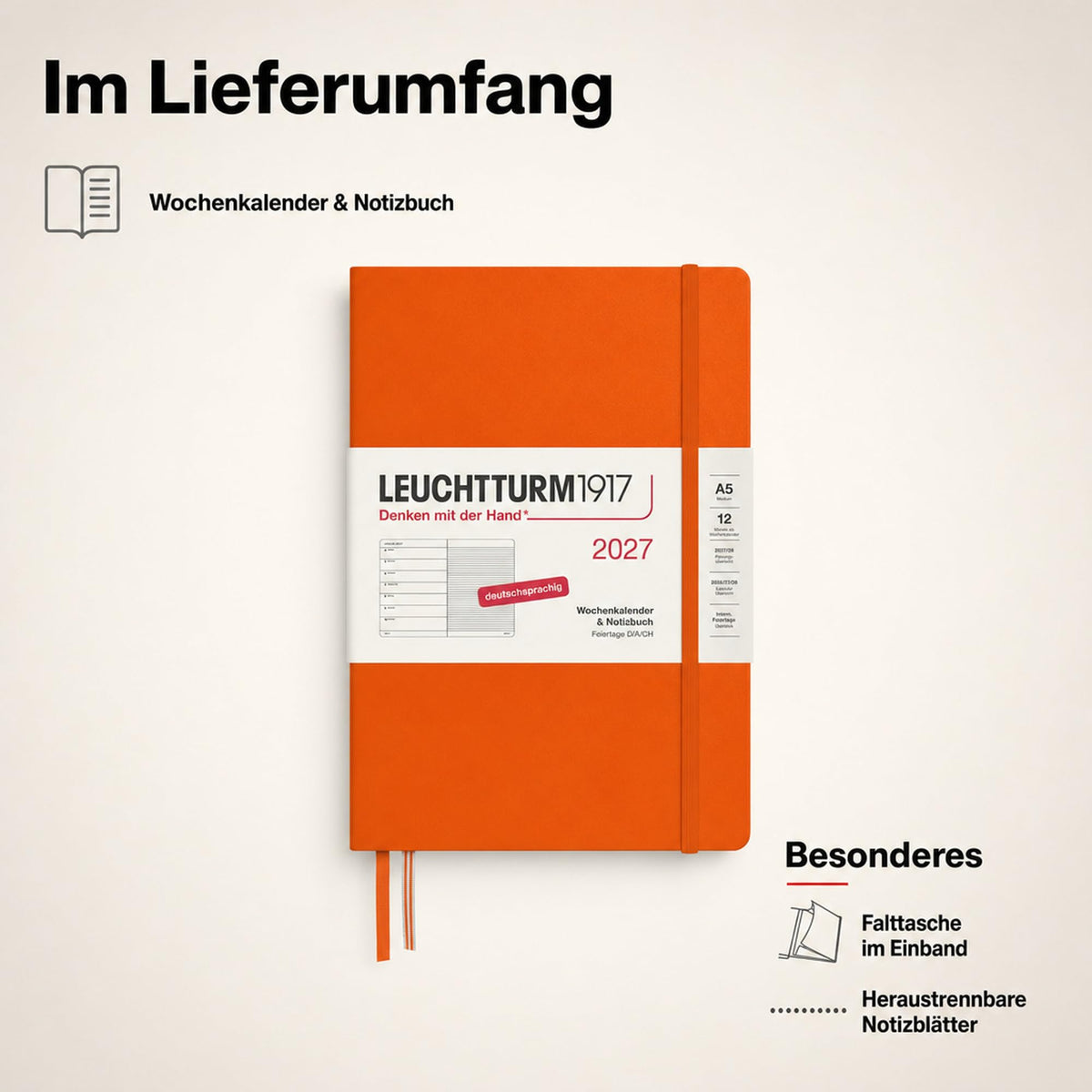 LEUCHTTURM1917 Weekly Calendar 2027 Medium (A5) with Notebook - Appointment Planner German, Pumpkin, January-December 2027, Weekly Overview on the Left + Notes Page on the Right - 400050