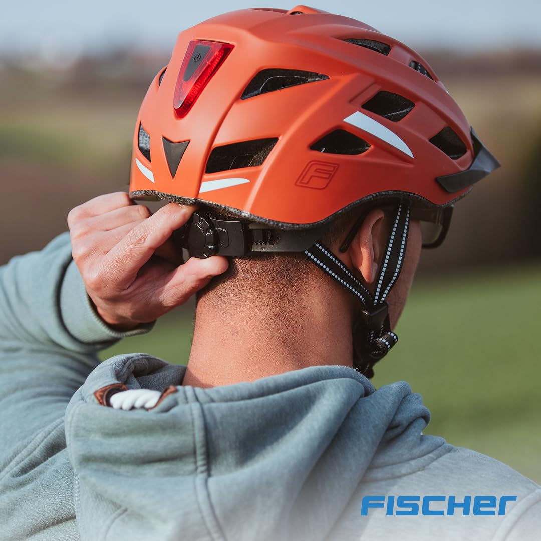 FISCHER Adult Bicycle Helmet, Cycling Helmet, City Helmet Urban Plus Miami, S/M, 52-59cm, orange, with integrated LED rear light - 50627