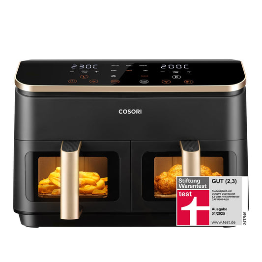 Cosori Airfryer | Test winner from Stiftung Warentest | 8.5L hot air fryer 2 chambers | Hot air fryer with viewing window | NTC technology for precise temperature control | Gold | R903