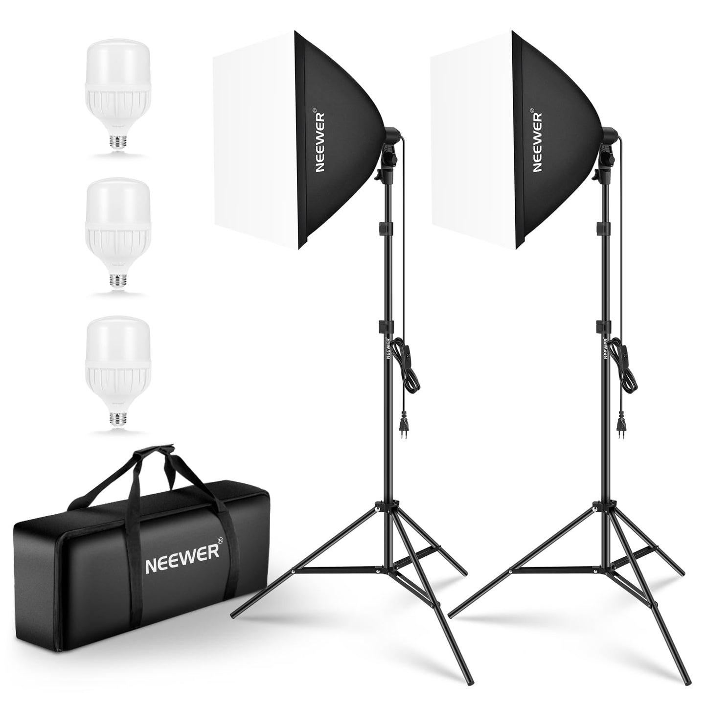 NEEWER softbox lighting set, equivalent to 700W, pack of 3 CE & UKCA certified 5700K LED light bulbs, 24x24 inch softboxes with E27 socket, photography continuous light set, photo studio equipment - 10102773
