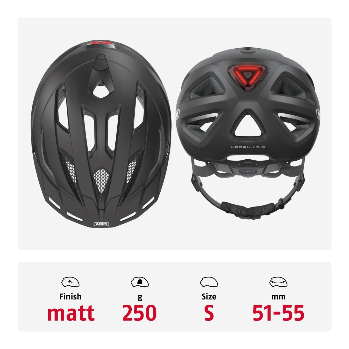 ABUS city helmet Urban-I 3.0 - bicycle helmet with rear light, peak and magnetic fastener - for men and women - matt black, size S - 86857