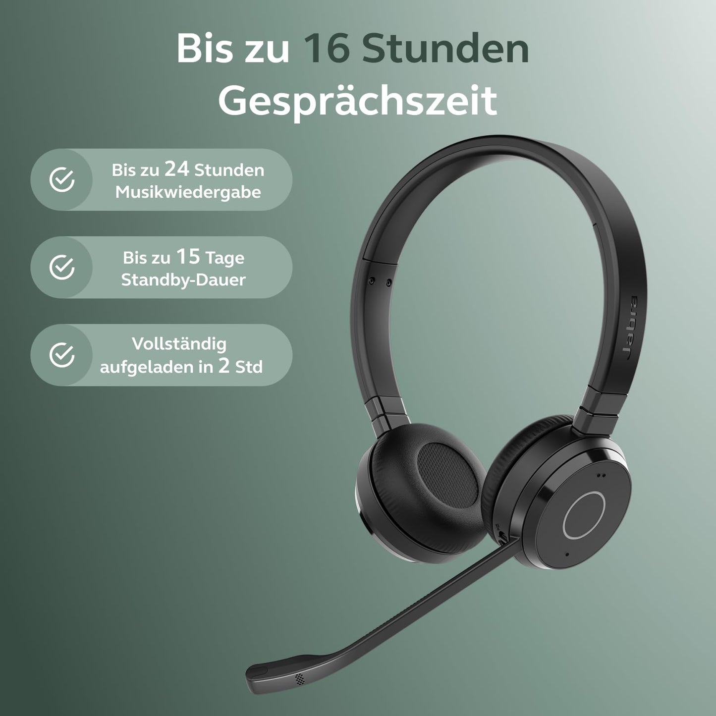 Jabra Evolve 65 TE (3rd Edition 2025) Wireless Bluetooth stereo headset with noise canceling microphone, connects 2 devices, 16h battery life, USB-A adapter, meeting apps compatible, black - 6699-839-409