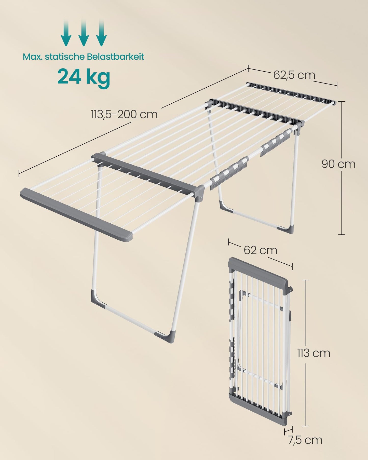 SONGMICS clothes airer, floor dryer, extendable wings, wing clothes airer, 22 m drying area, wing clothes dryer with sock holder, foldable, pearl white-dove gray LLR522WK01