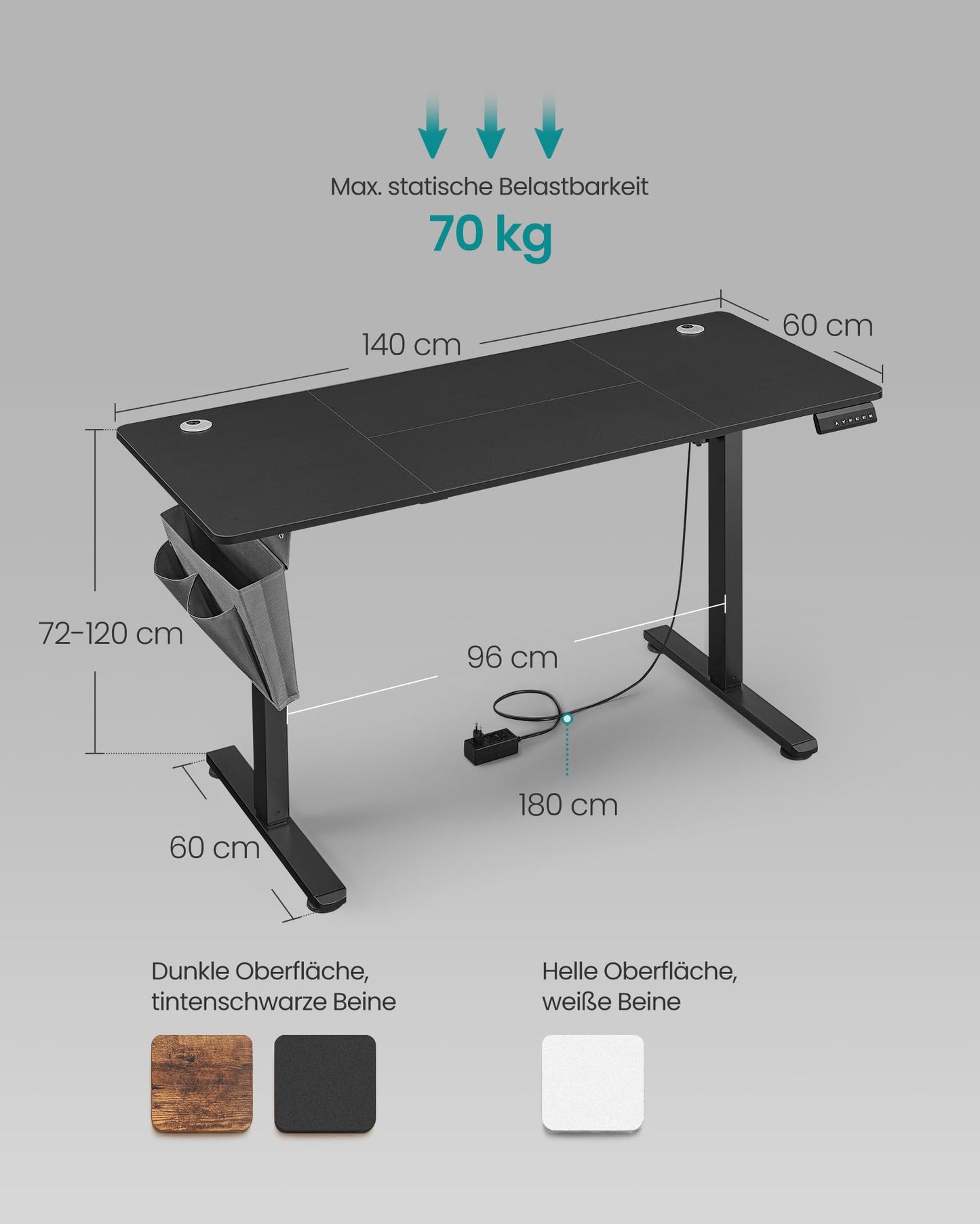 SONGMICS Electric height-adjustable desk, 140 x 60 cm, infinitely adjustable, memory function with 4 heights, ink black LSD134B01