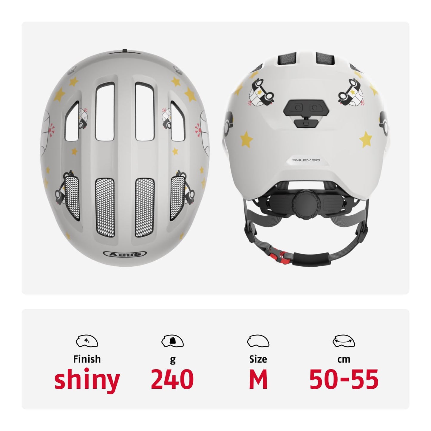ABUS children's helmet Smiley 3.0 - bicycle helmet with a deep fit, child-friendly designs & space for a braid - for girls and boys - gray with car pattern, size M - 67270