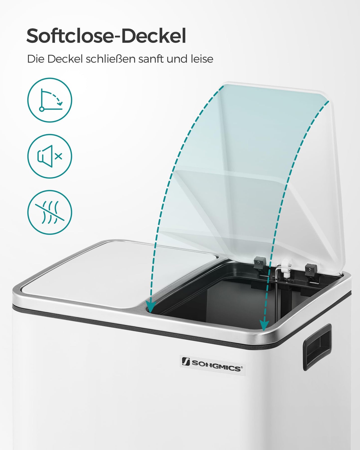 SONGMICS kitchen trash can, 2 x 15 liters, waste separation system 2 compartments, including 15 trash bags, trash can, pedal bin, recyclable waste, organic waste, soft close lid, cloud white LTB30WT