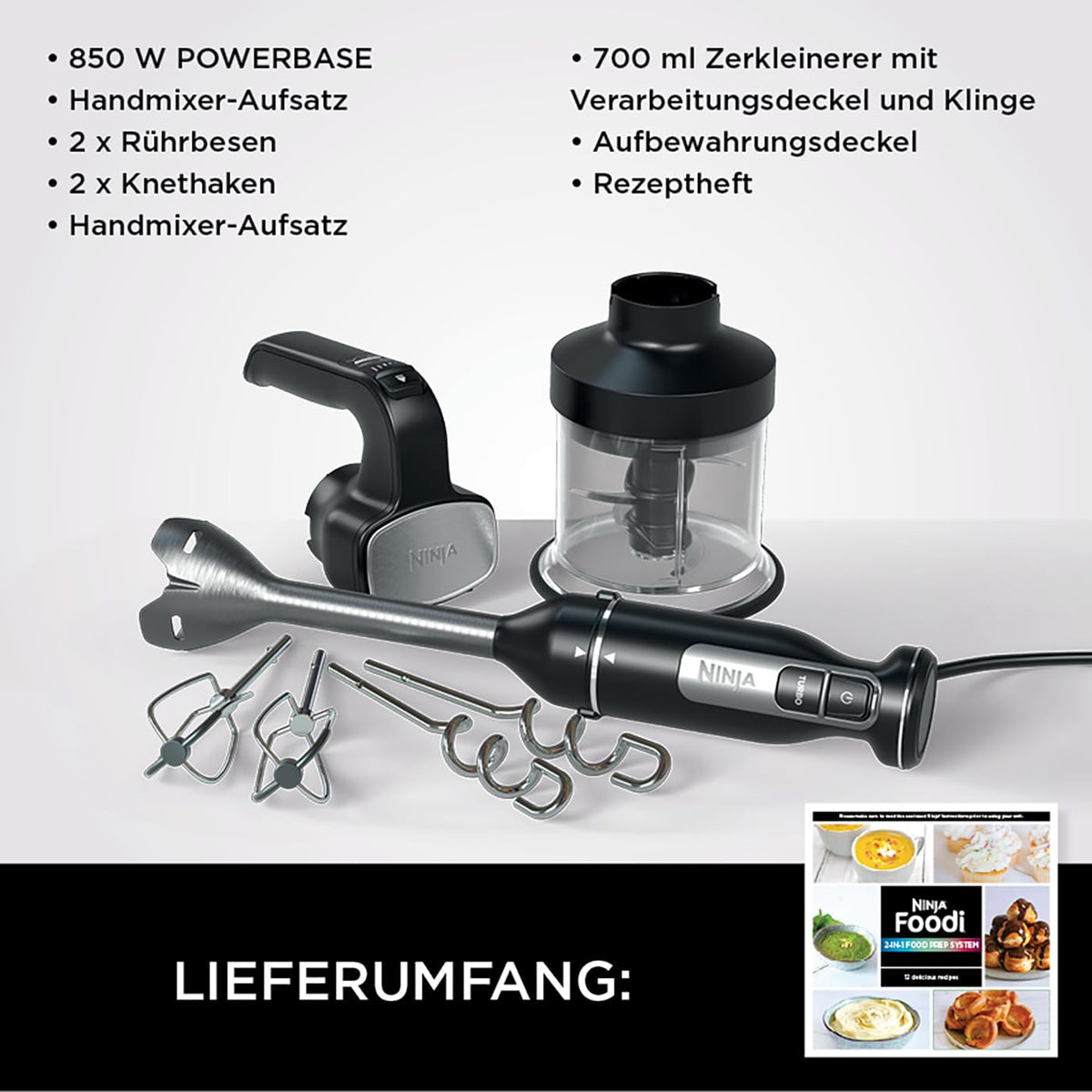 Ninja Foodi 3-in-1 Stabmixer, Handmixer & Zerkleinerer, cu pornire treptată, 2 viteze de amestecare și 5 viteze de frământare pentru tocat, amestecat, frământat și multe altele, lavabil în mașina de spălat vase, 850W, Negru CI100EU