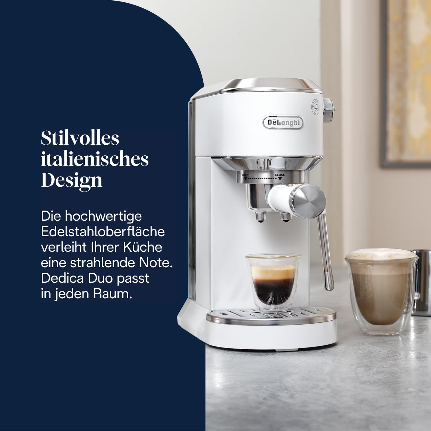 De'Longhi Dedica Duo - Perfetto compact portafilter machine espresso machine with soft-touch icons, manual milk frother for espresso, cappuccino and cold brew, 15cm wide, white (EC890.WI)