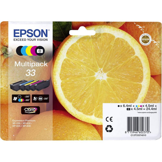 Epson Original Orange Claria 33 Multipack extra large ink cartridge – 5 colors: cartridges: Black, Cyan, Magenta, Photo Black, Yellow – 1 x 6.4 ml, 4 x 4.5 ml - C13T33374010