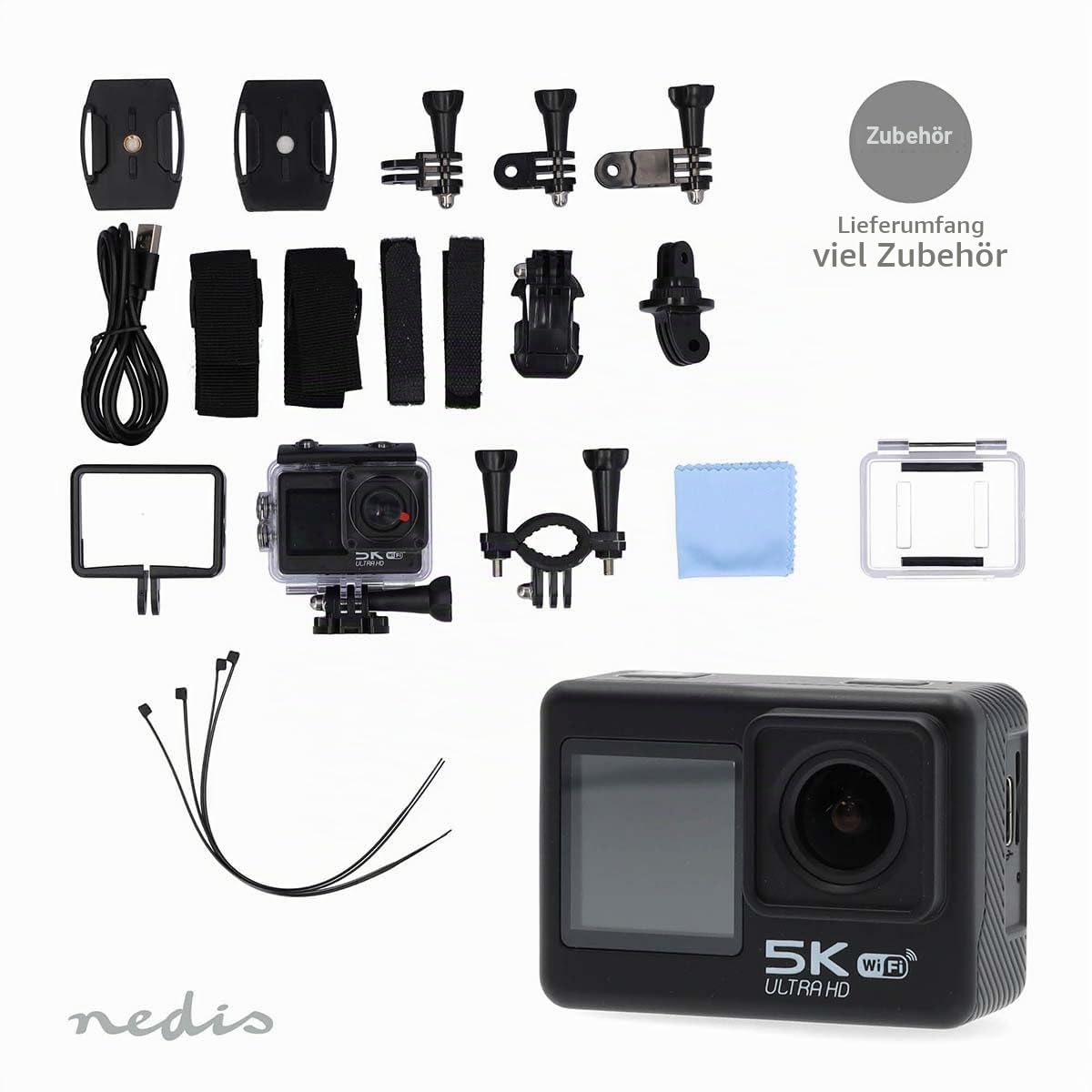 Nedis Action Cam - 5K@30fps - 16 MPixel - Waterproof up to: 30.00 m - 80 min - Wi-Fi - App available for: Android/iOS - Includes mount - Black - ACAM71BK