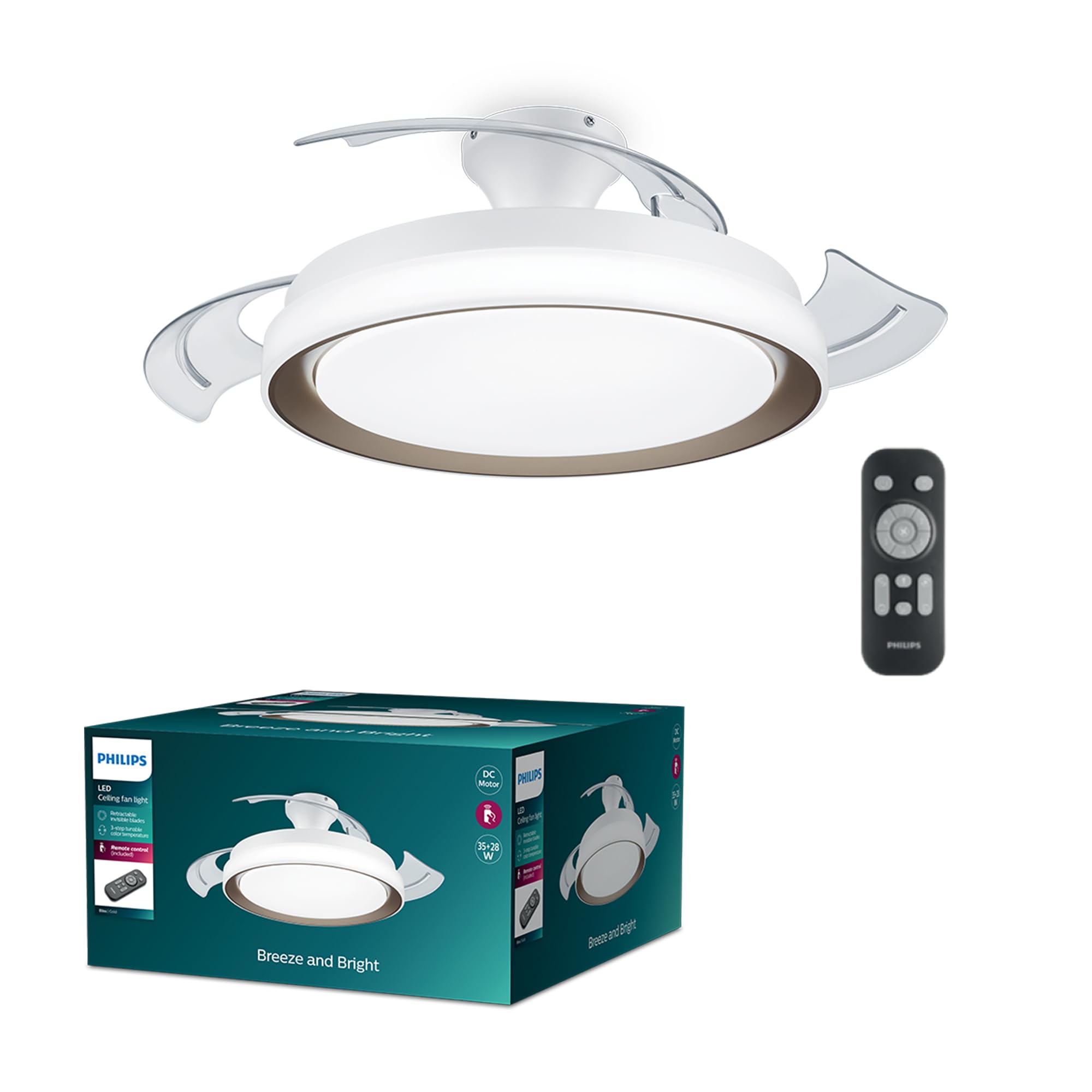 Philips Atlas ceiling fan with retractable blades and LED lighting, 3 blades, 106 cm wingspan, 3 lighting levels, adjustable white light, ultra-quiet, model 2024, gold - 8720169279124