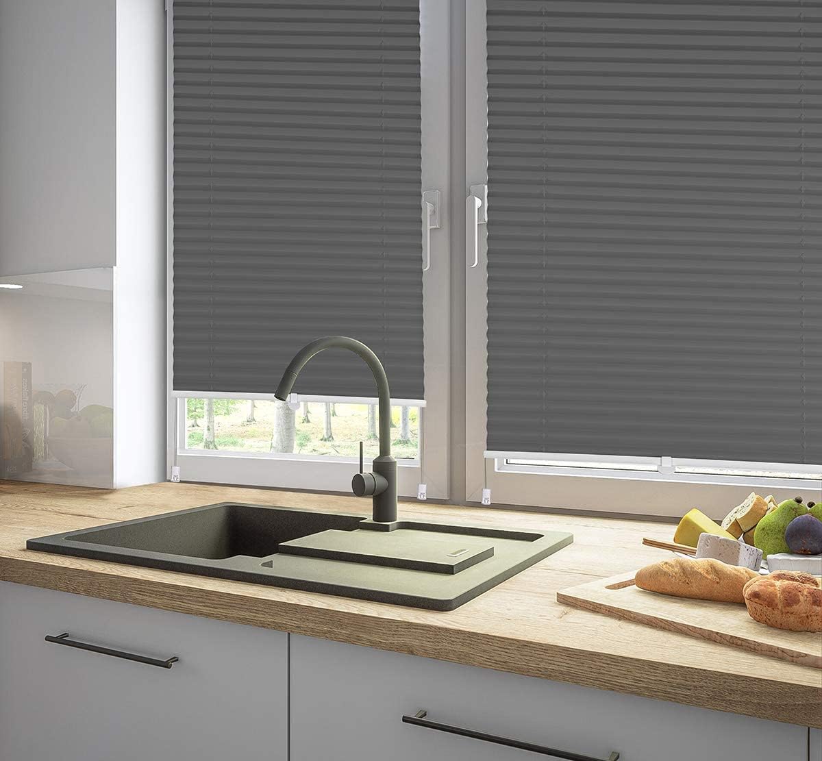 Sekey pleated blinds without drilling, window pleated blinds Klemmfix blinds 80 cm wide, tensioned opaque sun protection window blind, 80x210cm, dark gray - BL-1224
