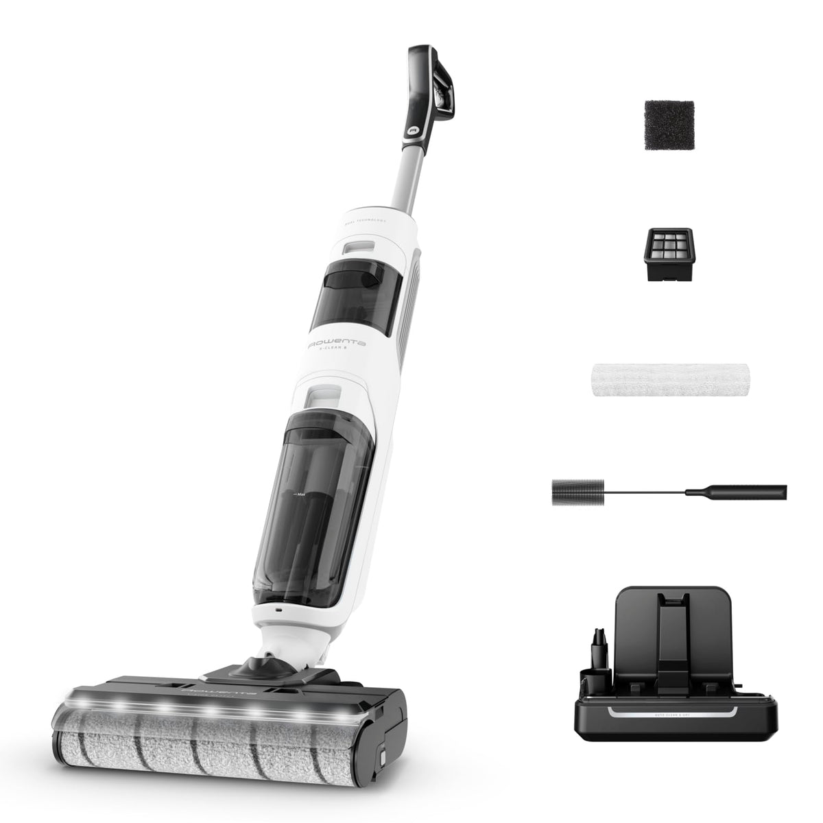 Rowenta X-Clean 5, aspirator 2 în 1 pentru umed și uscat, 3 moduri, curățare precisă, mod de detectare automată, iluminare LED, auto-curățare, uscare prin căldură, 50 de minute autonomie, alb imaculat, GZ5557EE