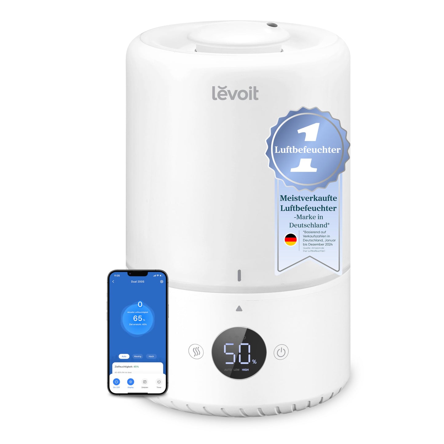 Levoit Smart Humidifier Bedroom, 20dB Quiet, Top-Fill Humidifier for Baby, Humidity Sensor, Room Humidifier with 360° Rotating Nozzle for Children's Room, Plants, 3 L, Cream White - LUH-D302S-WDE