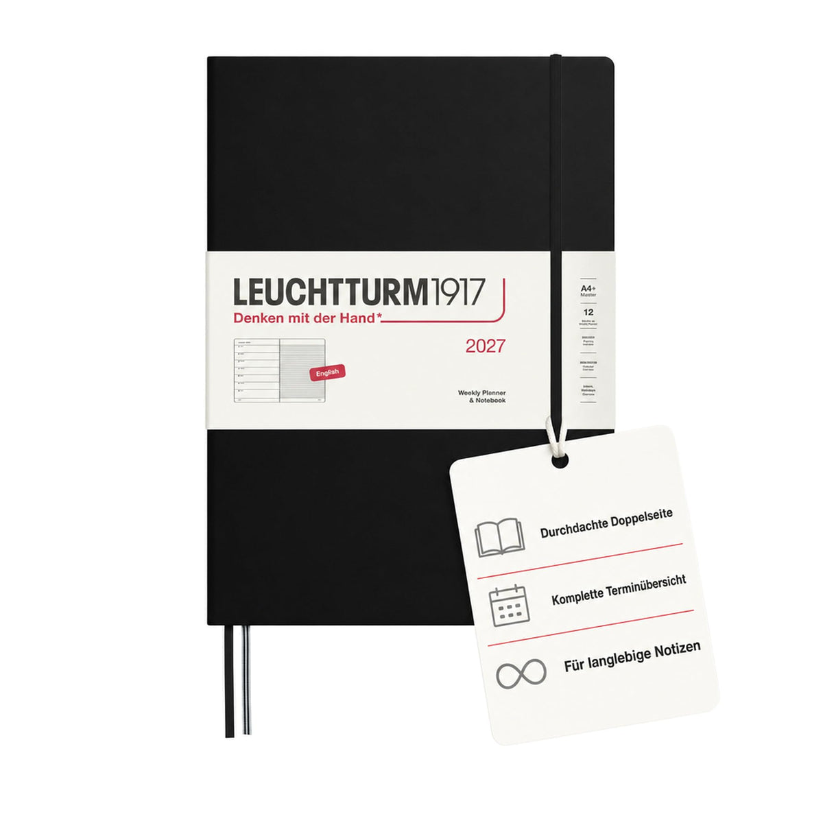 LEUCHTTURM1917 calendar săptămânal 2027 A4+ (master) cu caiet, cu linii - planificator de întâlniri engleză, negru, cartonat, 225 x 315 mm, ianuarie-decembrie 2027, prezentare săptămânală în stânga + pagina de note în dreapta - 400203