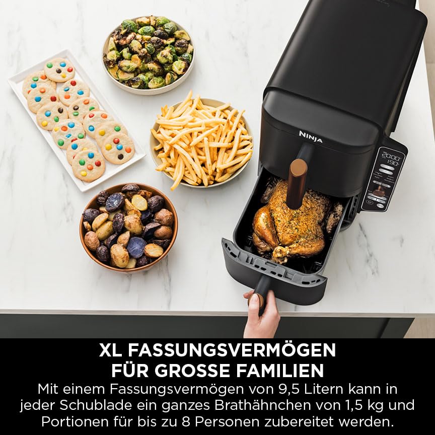 Ninja Double Stack XL Air Fryer, 2 Vertical Drawers, 4 Cooking Levels, 2 Shelves, Space Saving Design, 9.5L Capacity, 6 Functions, 8 Servings, Tongs, Black/Copper SL400EUCP