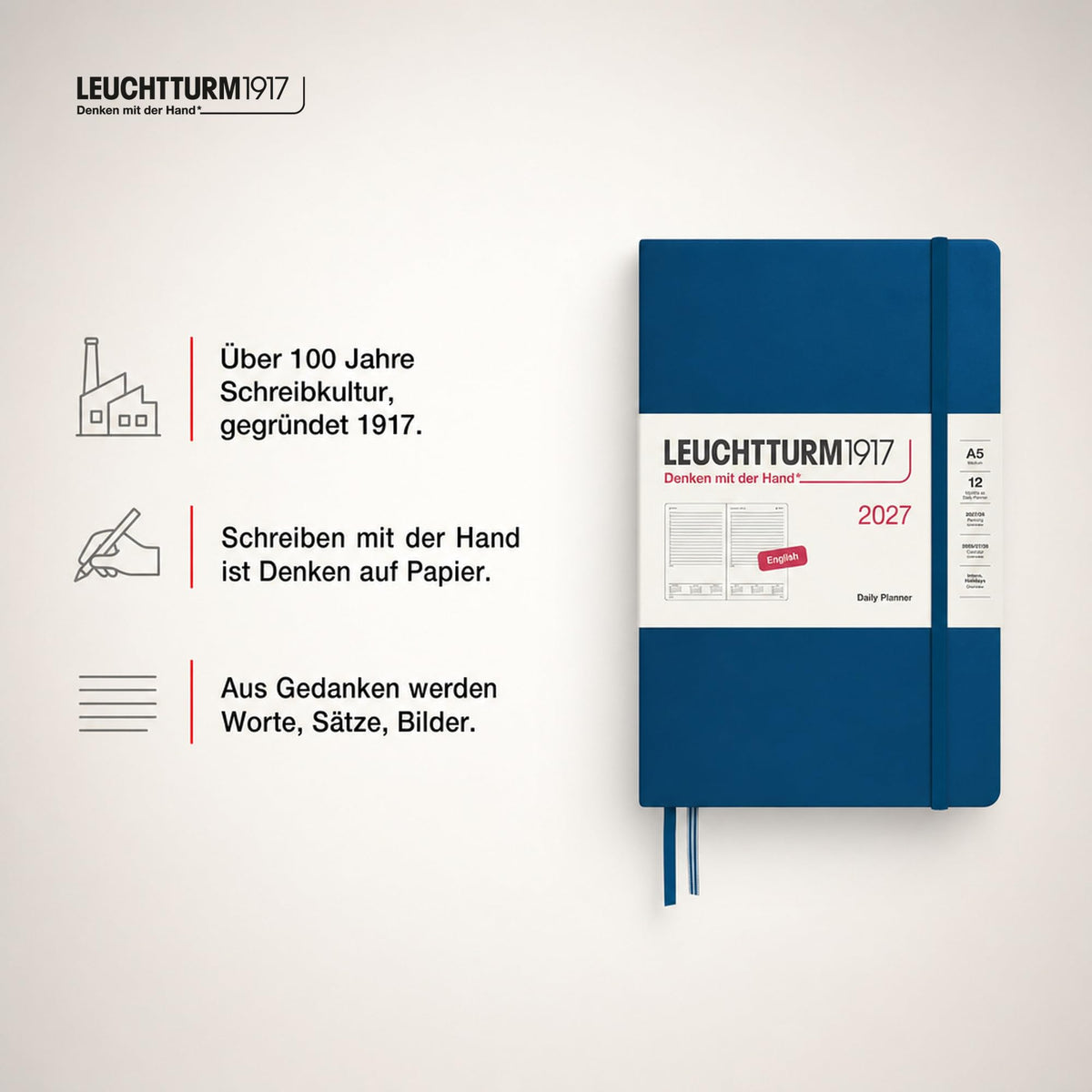 LEUCHTTURM1917 Daily Calendar 2027 Medium (A5) - English, Indigo, 145 x 210 mm, January-December (12 months), 1 page per day, hourly grid 7:00-22:00, hardcover, 80 g/m² paper - 400330