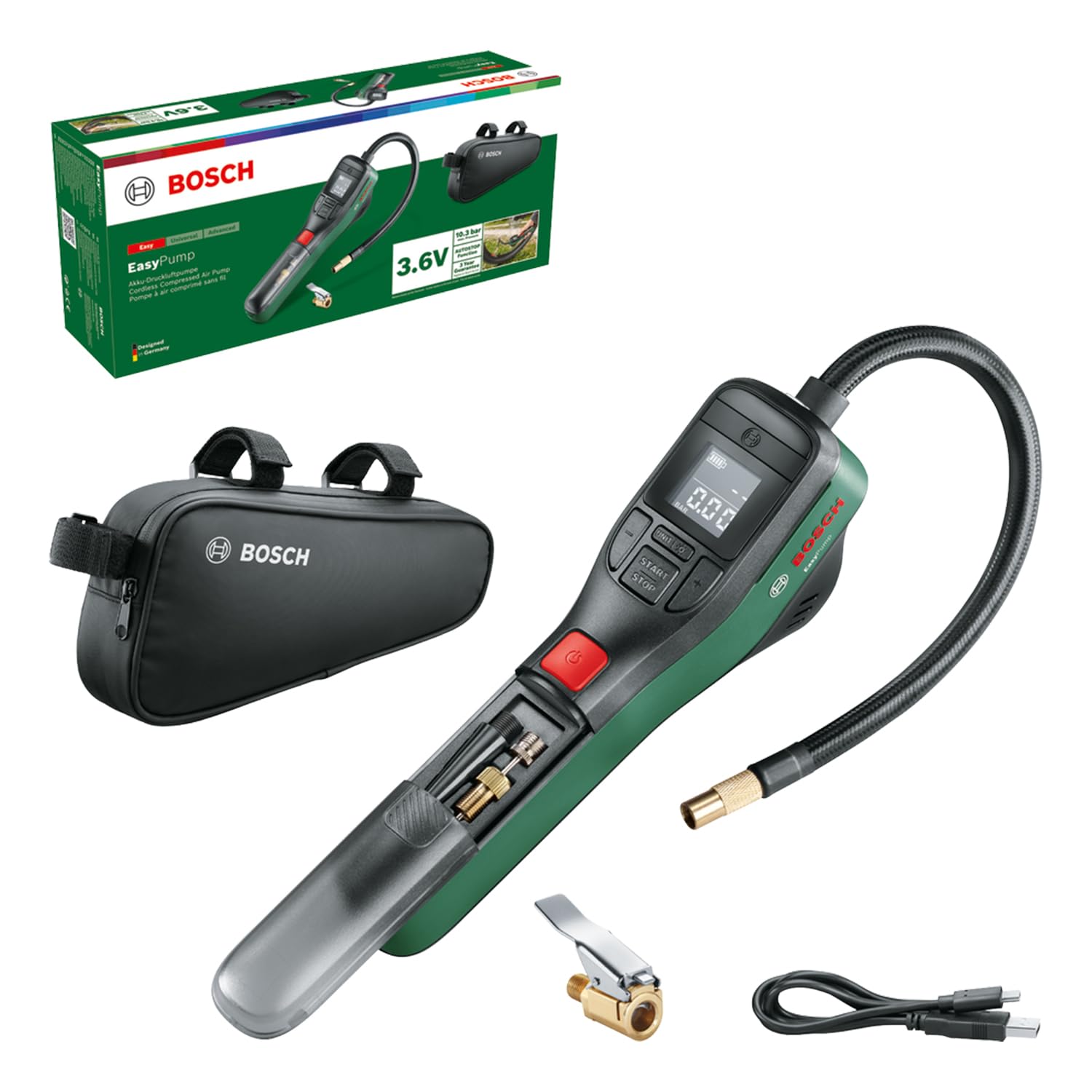 Bosch electric bicycle pump/air pump/mini compressor EasyPump (3.0 Ah battery; 3.6 volts; autostop function; 150 PSI; 10.3 bar; LED; USB-C®; 3x adapter; quick connection plug; bicycle bag) - 0603947002
