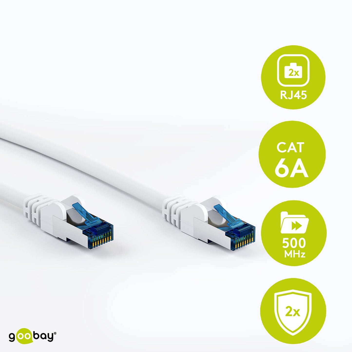 goobay 92713 CAT 6a patch cable, Ethernet cable, double shielded, S-FTP up to 10,000 Mbits, 500 MHz, halogen-free copper cable, RJ-45 plug, gold-plated contacts, 5 m, white (pack of 3)