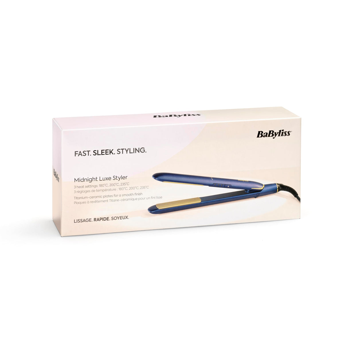 BaByliss Midnight Luxe Straightener - Titanium Ceramic Floating Plates for smooth gliding, quick heating in 30 seconds, 3 temperature settings up to 235°C, suitable for worldwide use, model 2516PE.