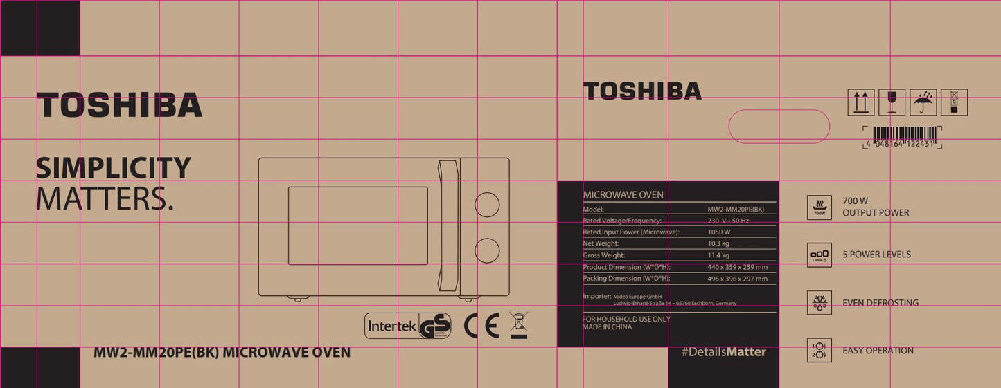 Toshiba MW2-MM20PE(BK) Freestanding microwave/solo microwave/20L/700W/5 power levels with practical defrost function/LED lighting in the interior/black