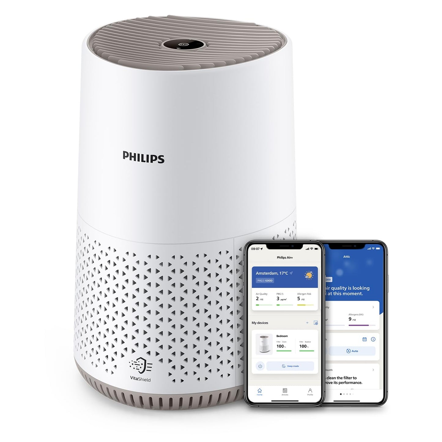 Philips air purifier 600 series, ultra-quiet and energy efficient for allergy sufferers, HEPA filter removes 99.97% of pollutants, for rooms up to 44m², app-controlled, white (AC0650/10)