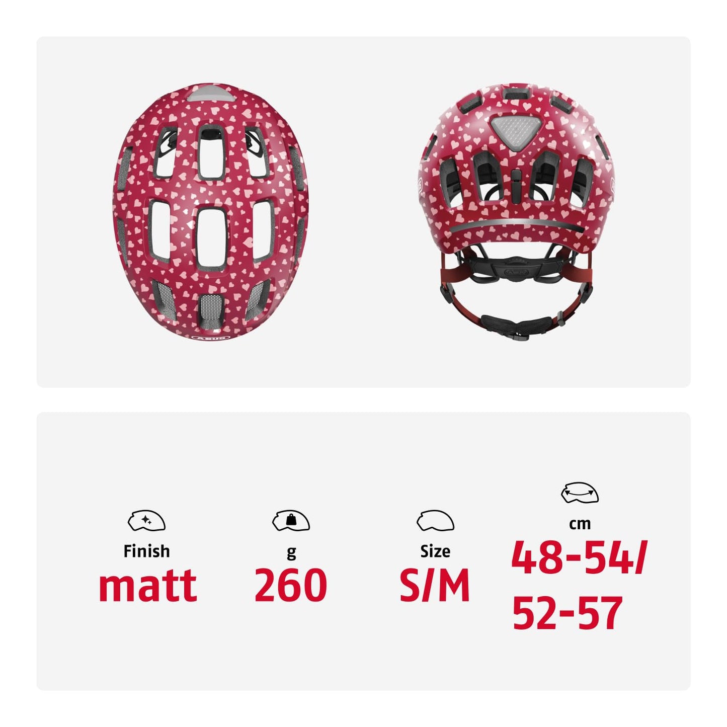 ABUS Youn-I 2.0 bicycle helmet - with light for children, teenagers and young adults - for girls and boys - red with heart pattern, size M, M (52-57 cm) - 63809