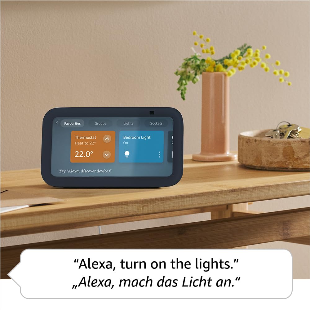 Echo Show 5 (latest generation) | Smart display and alarm clock with clearer sound | International version | anthracite - H97N6S