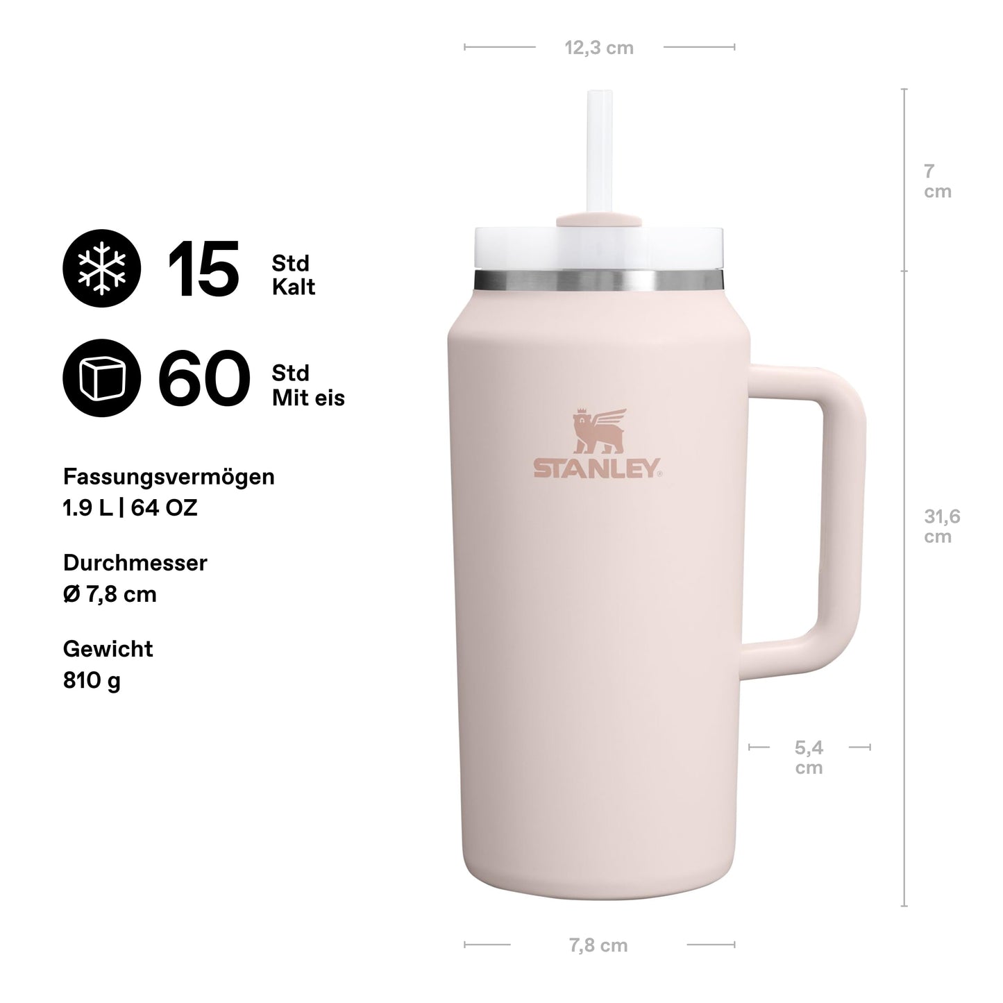 STANLEY 1913 Quencher H2.0 FlowState drinking bottle with straw 1.9L - Thermo mug Cools for 15 hours - 60 hours Ice cold - Dishwasher safe - Thermos bottle BPA free - Drinking cup - Rose Quartz - 100000112504