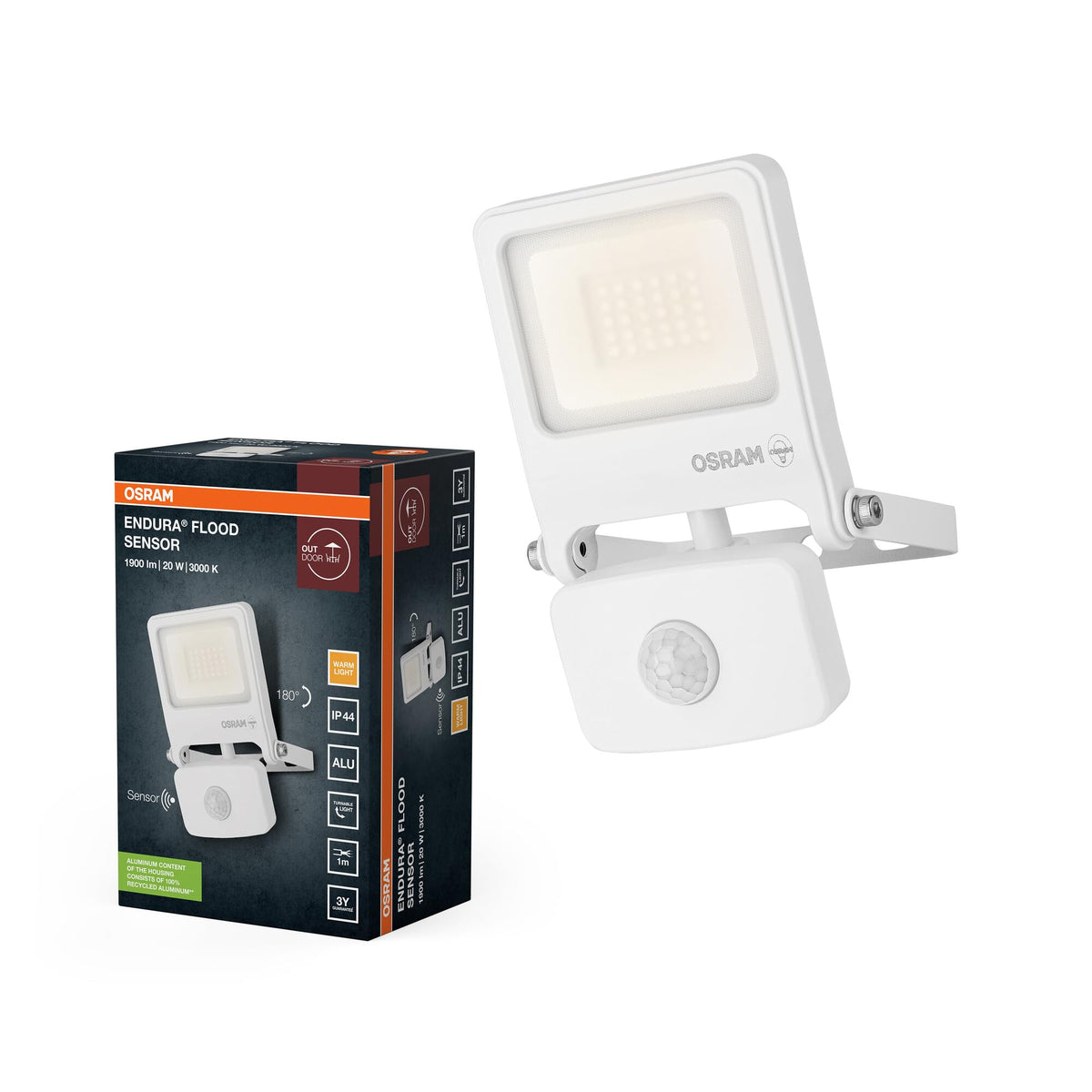 Osram ENDURA FLOOD PC LED Floodlight 20W 3000K Sensor White - 4099854487194
