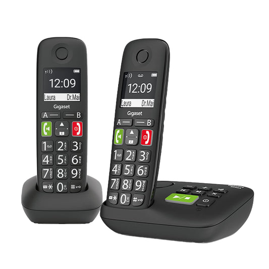 Gigaset E290A DUO - 2 cordless senior DECT telephones with answering machine - large buttons, direct dial buttons for important numbers, amplifier function for loud listening, black [German version]