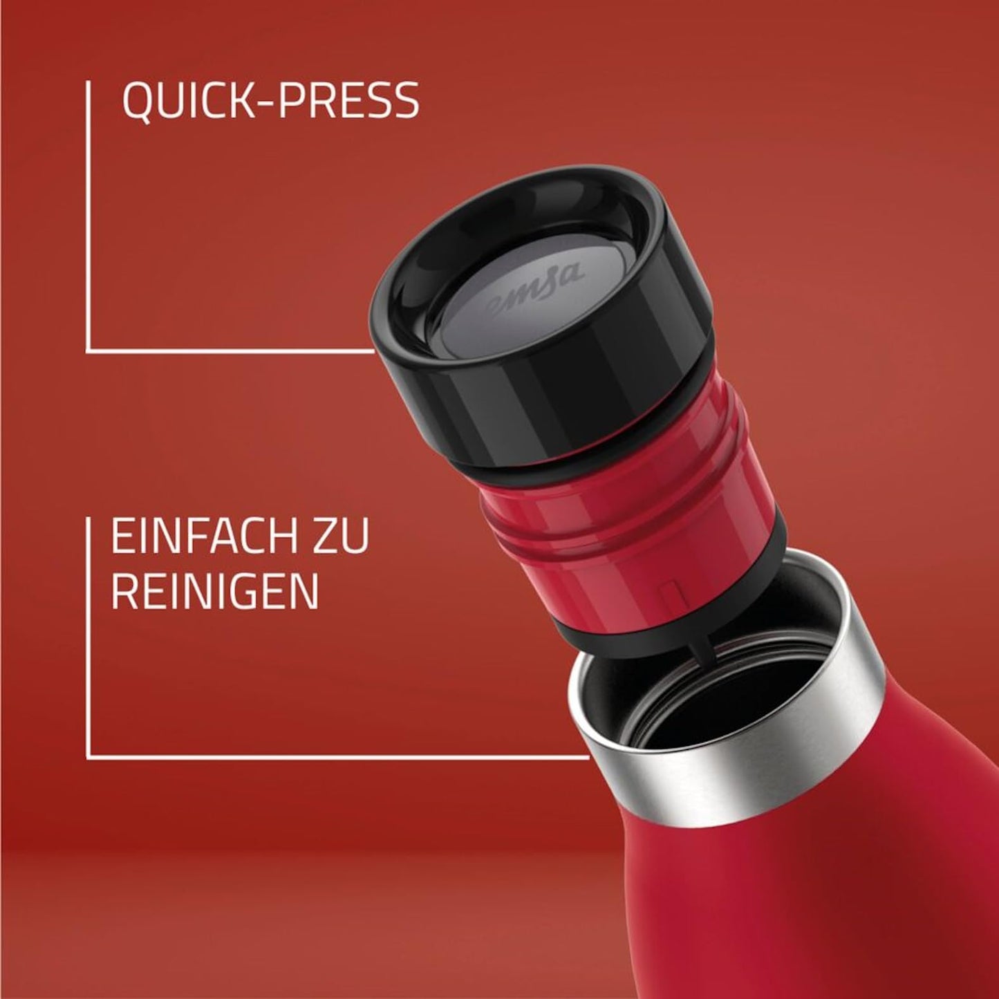 Emsa Bludrop drinking bottle, 0.7 liters, 100% leak-proof, quick-press closure, ergonomic 360° drinking pleasure, warm for 12 hours, cool for 24 hours, easy to clean, stainless steel, powder coating, dark red, N31129 - N3112900
