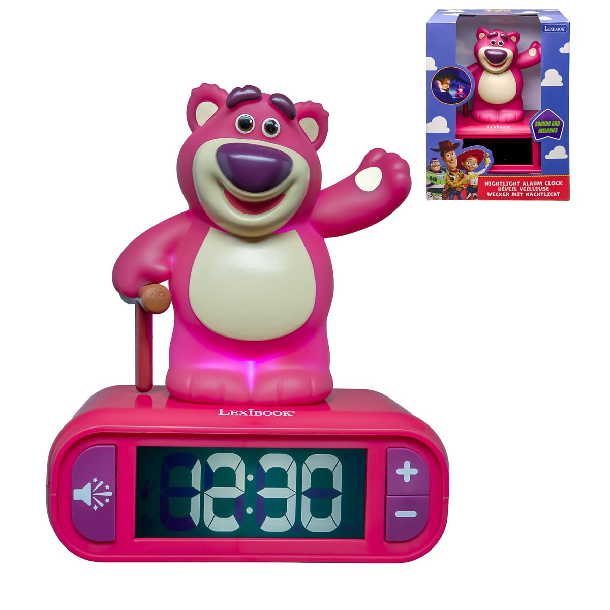 Lexibook, Disney Toy Story, alarm clock night light Lotso, luminous figure, sound effects, alarm selection, LCD display with backlight, snooze function, purple, RL800TS1
