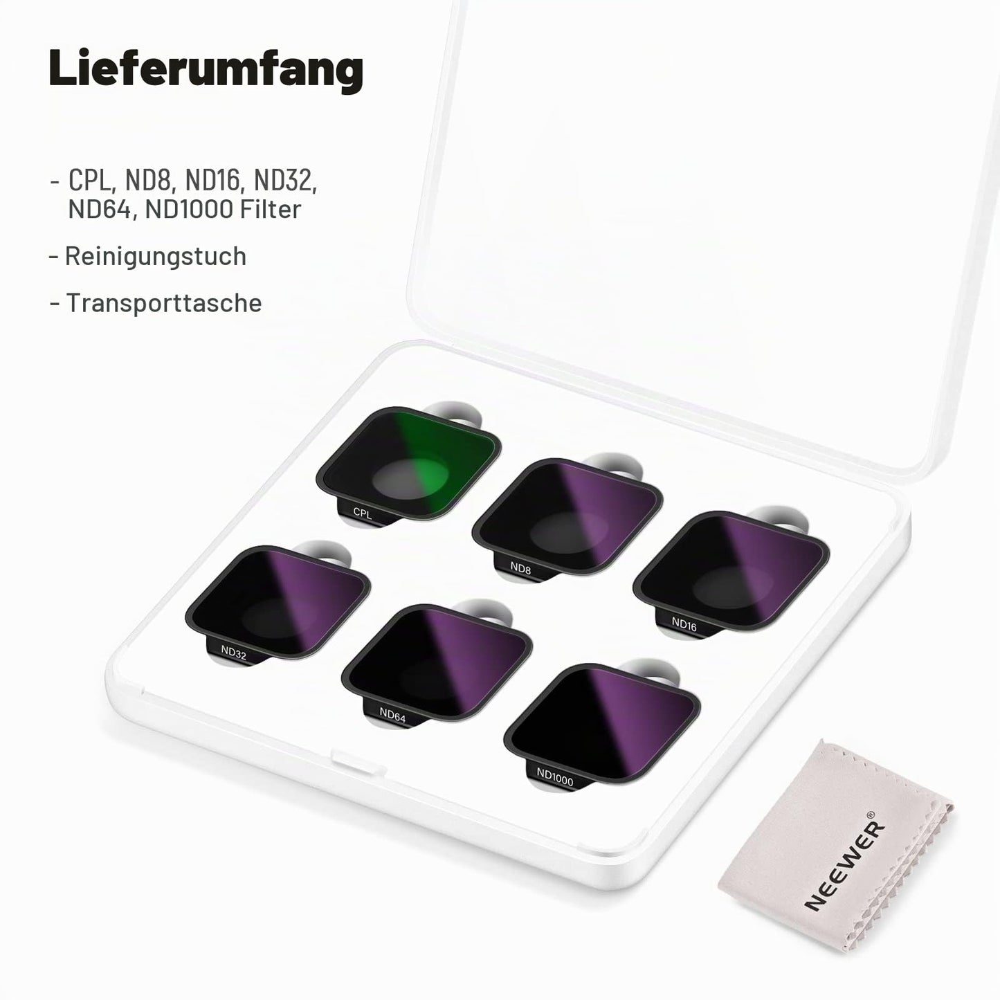 NEEWER ND filter set compatible with GoPro Hero 13 12 11 10 9, pack of 6 (CPL/ND8/ND16/ND32/ND64/ND1000), accessories for action cameras set with neutral density and polarization filters - 10101887