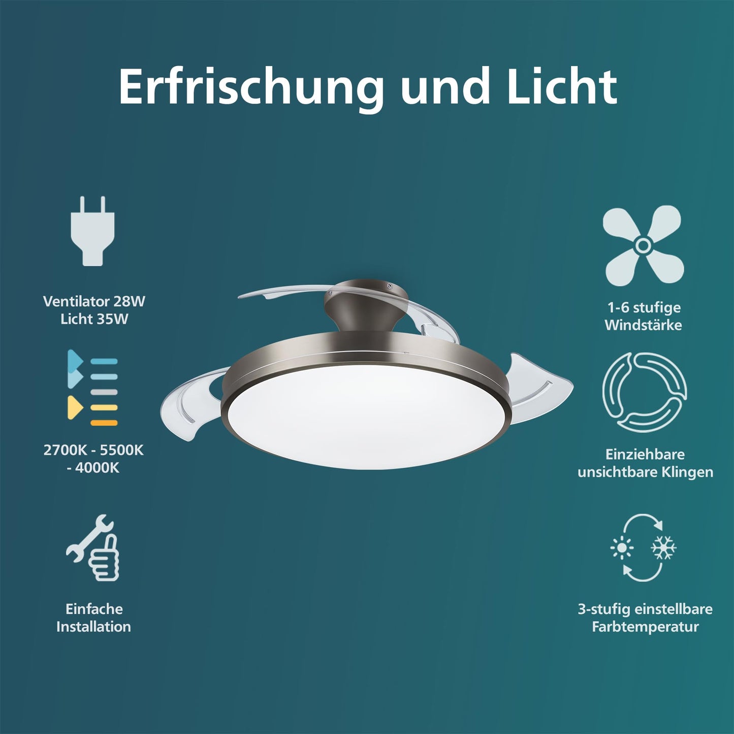 PHILIPS Atlas ceiling fan with retractable blades and LED lighting, 3 blades, 106 cm wingspan, 3 lighting levels, adjustable white light, ultra-quiet, model 2024, nickel - 8720169279148