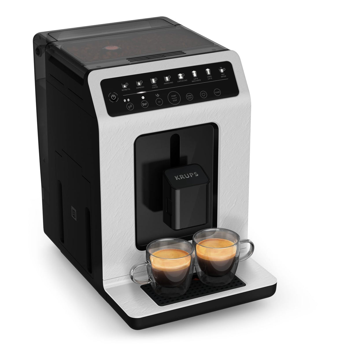 KRUPS Evidence ECOdesign Fully Automatic Coffee Machine with Milk Hose, 7 Beverage Options, 2-Cup Function, Recycled Material, Coffee Machine with Control Panel, White/Slate, EA897A10