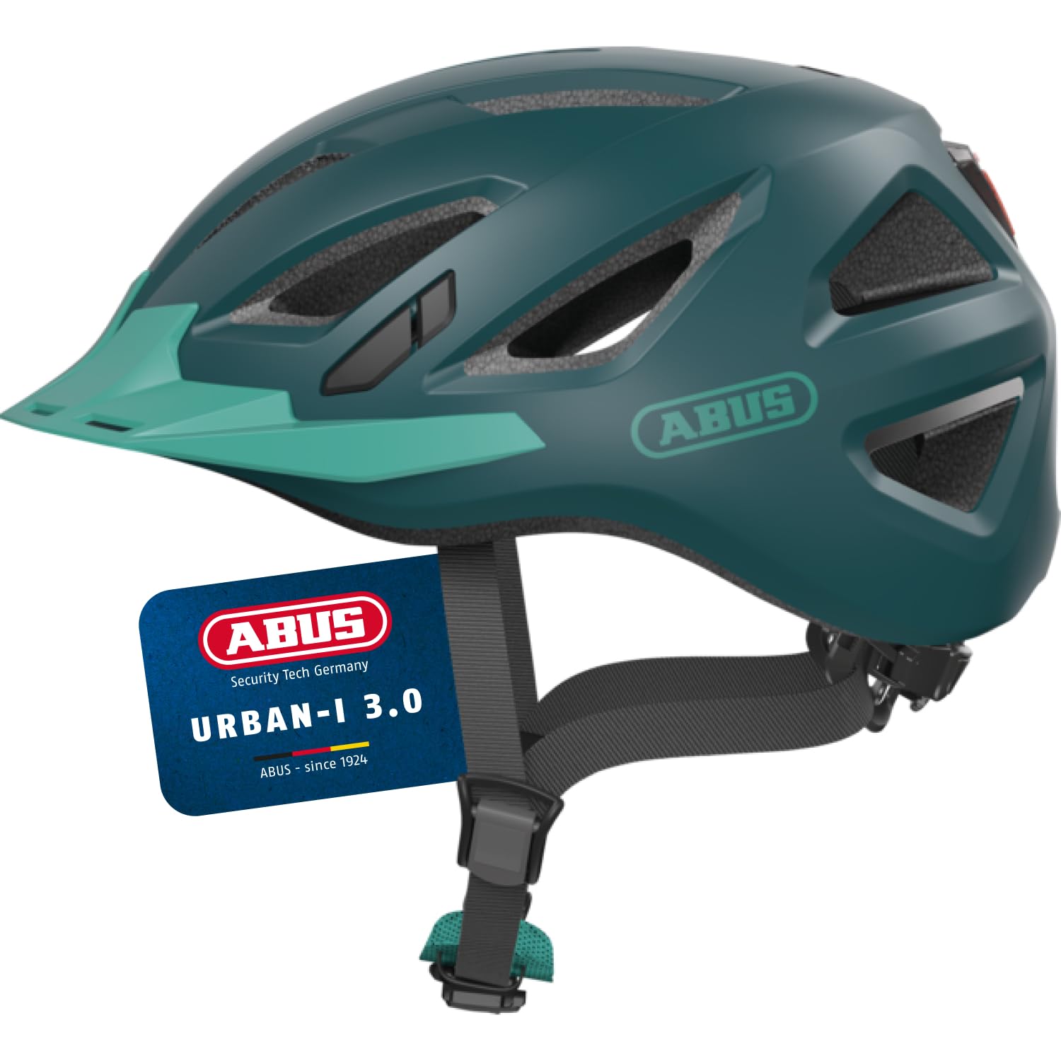 ABUS Urban-I 3.0 city helmet - bicycle helmet with rear light, peak and magnetic fastener - for men and women - blue-green, size S (51-55 cm) - 86882