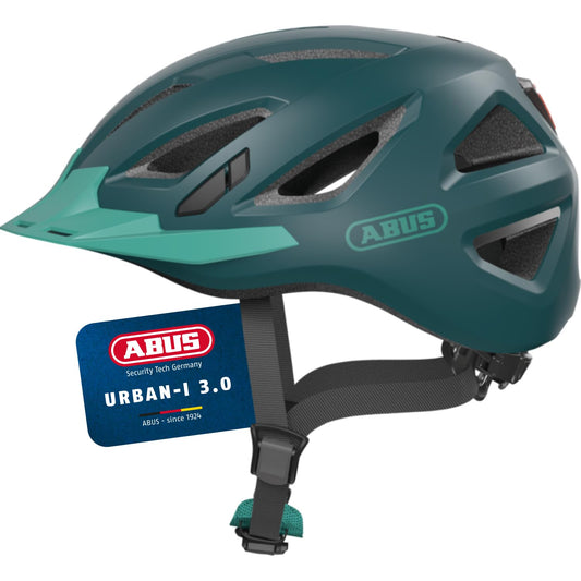 ABUS Urban-I 3.0 city helmet - bicycle helmet with rear light, peak and magnetic fastener - for men and women - blue-green, size S (51-55 cm) - 86882