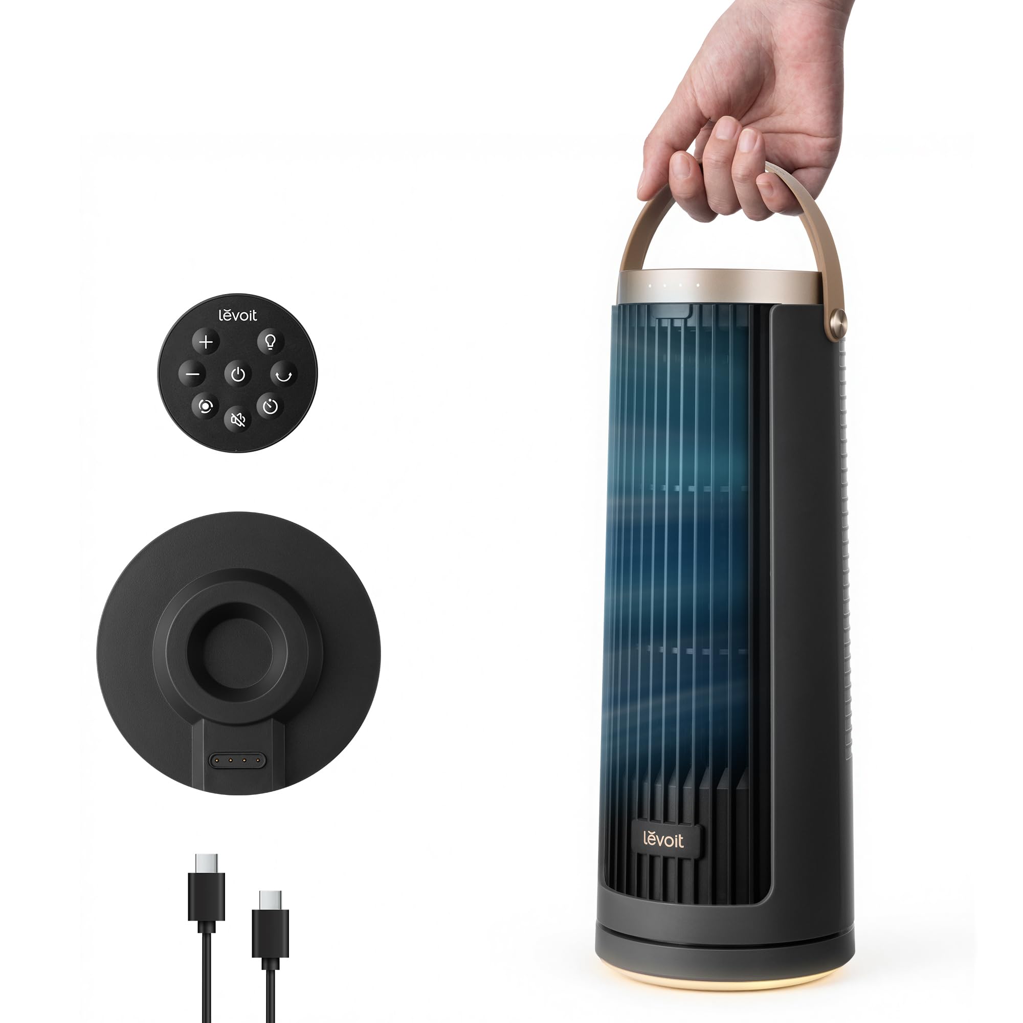 Levoit compact tower fan battery DC motor indoor/outdoor - quiet from 20dB fan - 7m/s cooling table fan - 5 levels/90° oscillation/12 hour timer/remote control - portable, 33 cm, graphite gray - LTF-F132BL-AEU