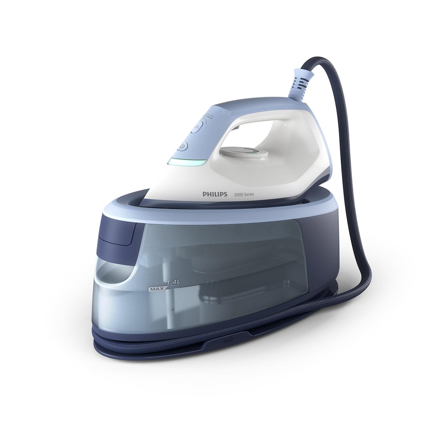Philips steam iron station 3000 Series, 2400 W, 120 g/min continuous steam, 350 g steam boost, fast and powerful, vertical steam, ceramic sole, Deep Azur (PSG3000/20)