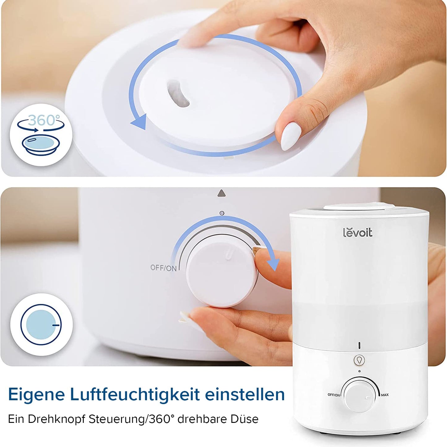 Levoit Humidifier Bedroom, Durable with Auto Shut-off, Cold Mist Ultrasonic with Top Fill, 25 dB Room Humidifier for Baby, Plants, up to 25H, 3 L, Warm White - LUH-D302-WUK