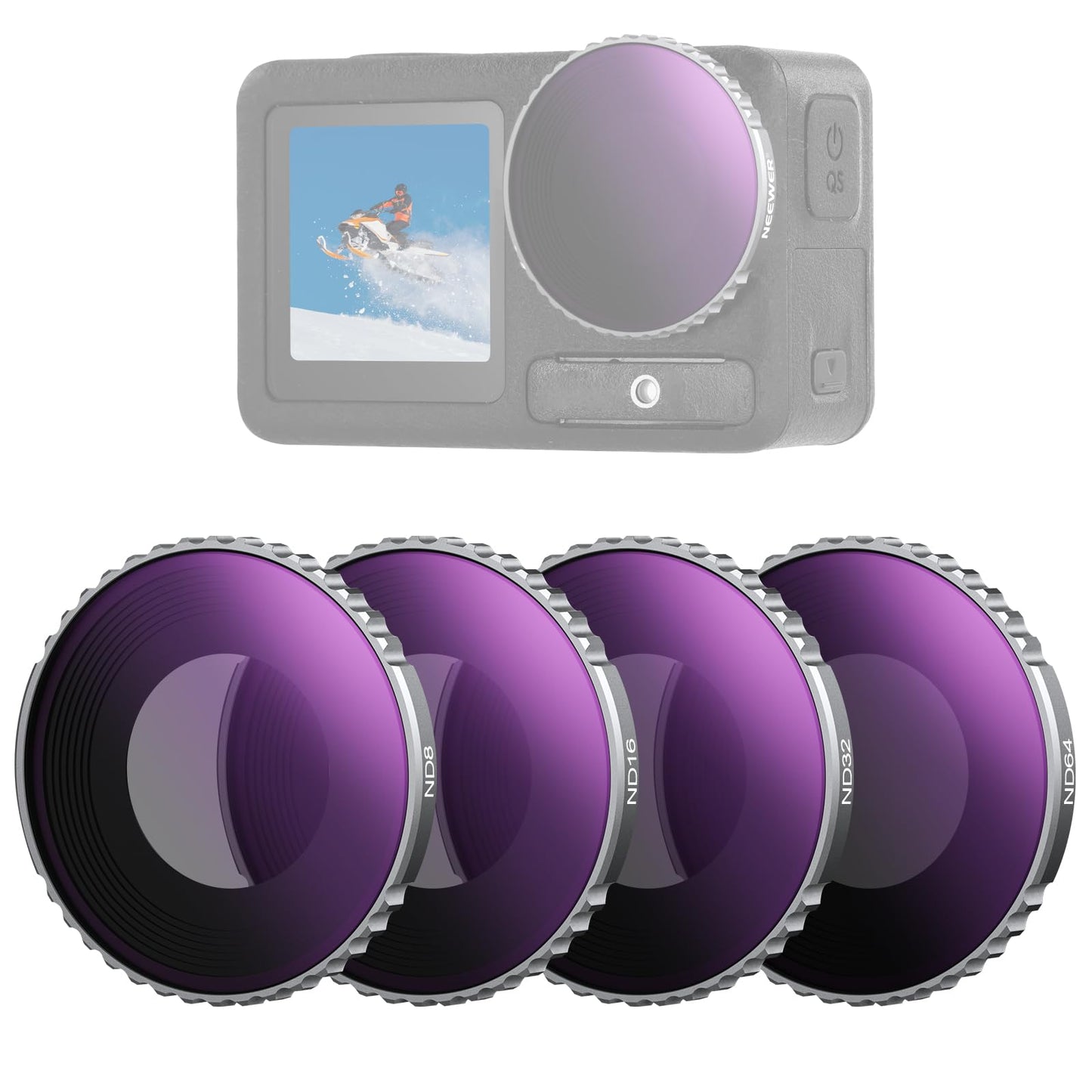 NEEWER ND filter set compatible with DJI Osmo Action 4/Action 5 Pro (pack of 4), screw-on ND8 + ND16 + ND32 + ND64 gray filter filter set action camera accessories, multi-layer optical, FL-B04 - 10105626