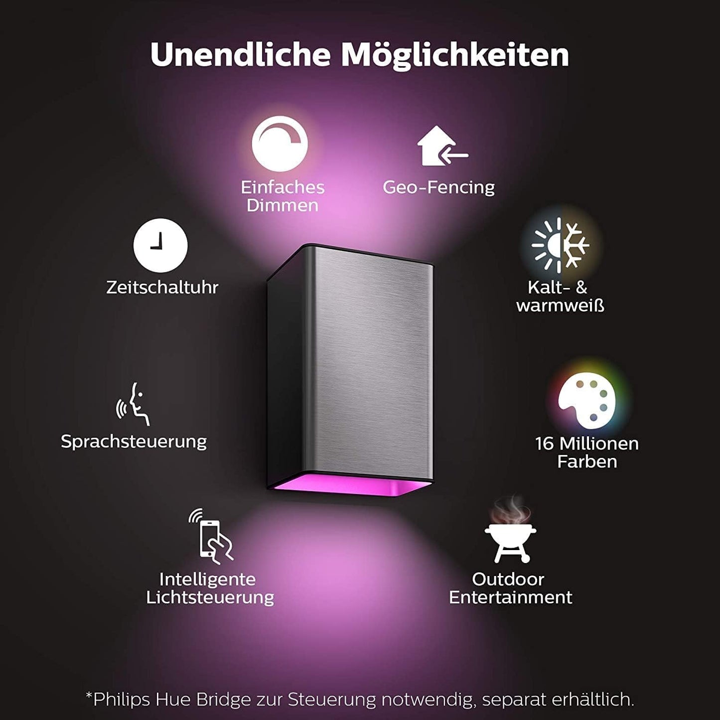 Philips Hue White and Color Ambiance LED outdoor wall light Resonate, dimmable, up to 16 million colors, controllable via app, compatible with Amazon Alexa (Echo, Echo Dot), silver - 915005843001