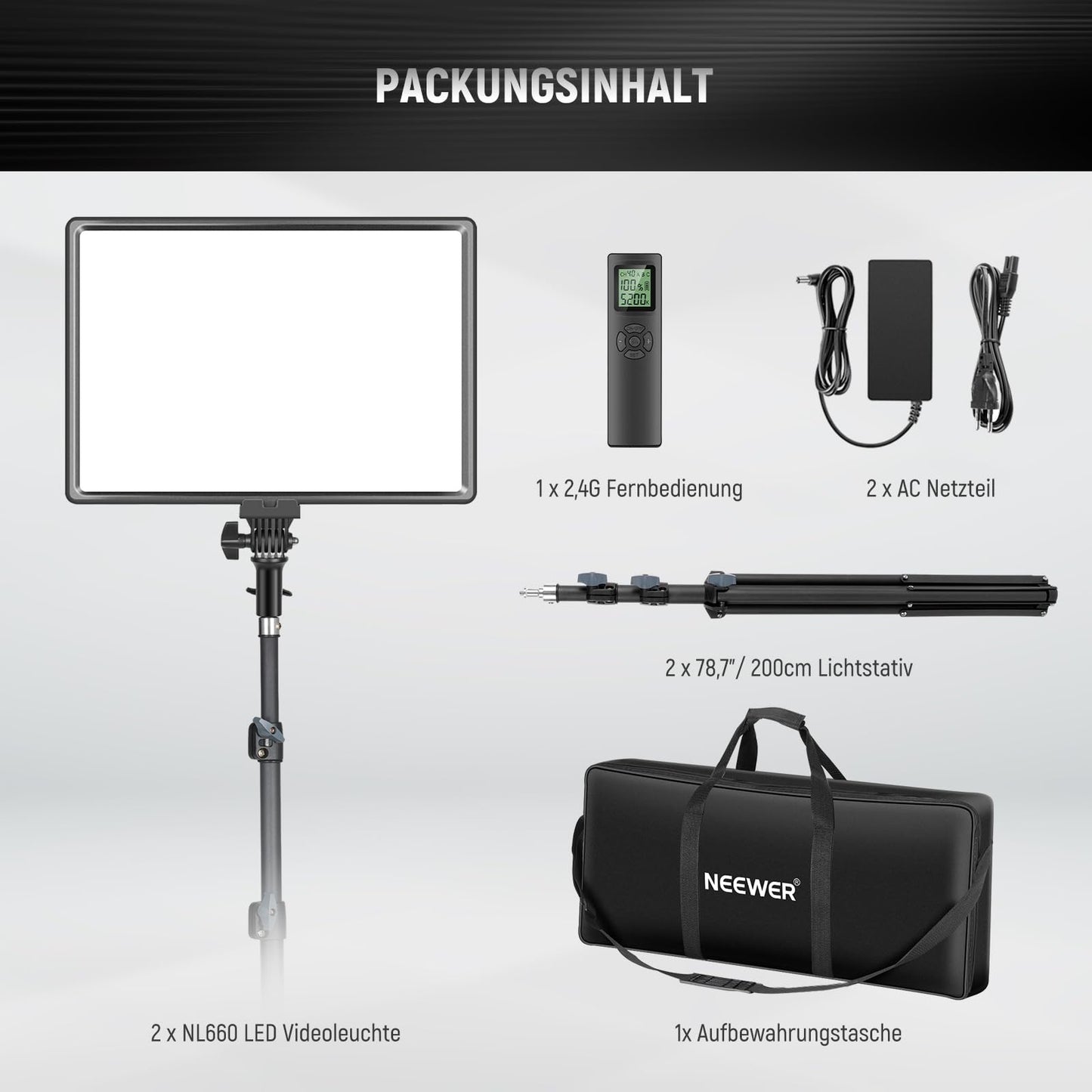 NEEWER 18" LED video light panel set, streaming light with 2 pieces 45W dimmable two-tone, with remote control & light stand, 3200K-5600K soft video light CRI 97+ 4800Lux for YouTube camera photography - 10100659