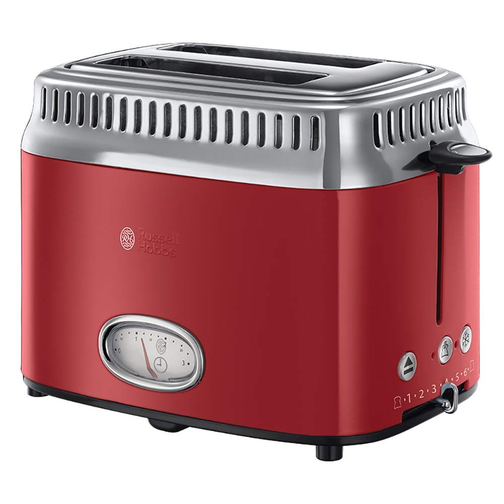 Russell Hobbs Toaster [for 2 slices] Retro Stainless Steel Red (Countdown display in retro design, includes bun warmer, 6 browning levels + defrost & reheat function, 1300W) Vintage 21680-56