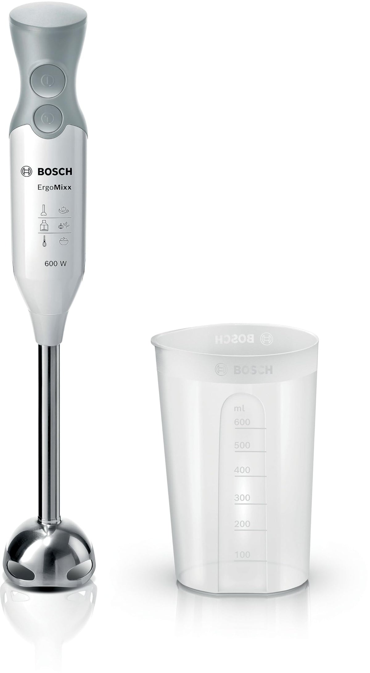 Bosch Stabmixer ErgoMixx, picior de amestec din oțel inoxidabil, cană de amestec și măsurare, 2 trepte de viteză, carcasă ușoară, cuțit cu 4 lame, curățare ușoară, 600 W, alb/gri, MSM66110